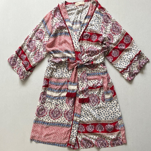 Peter Alexander Cream, Red & Blue Patterned Satin Robe - Picture 1 of 10